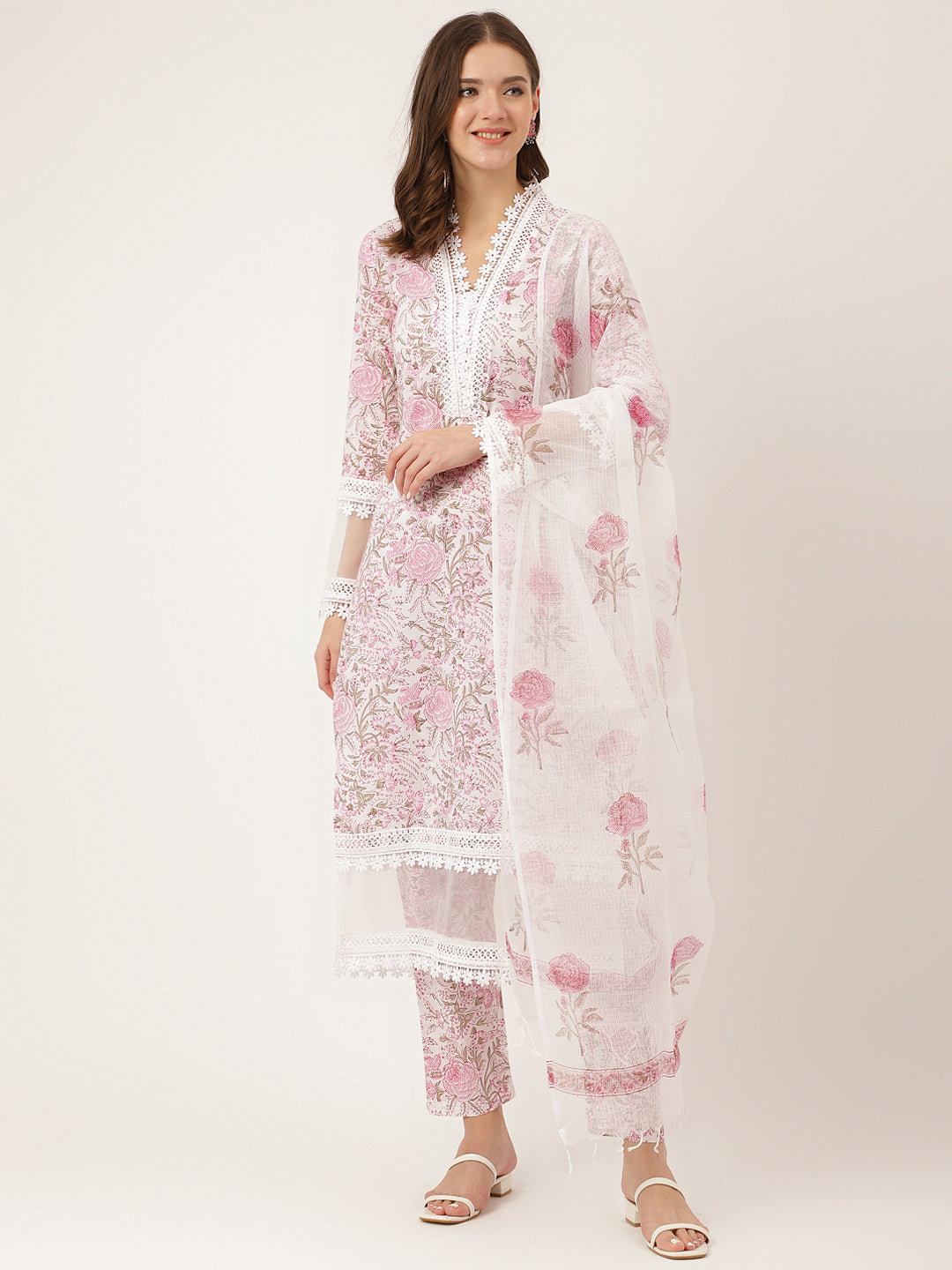 White Hand Block Floral Print Cotton Kurta, Trouser With Dupatta | LASVINI - Redefining Indian Fashion with Elegance