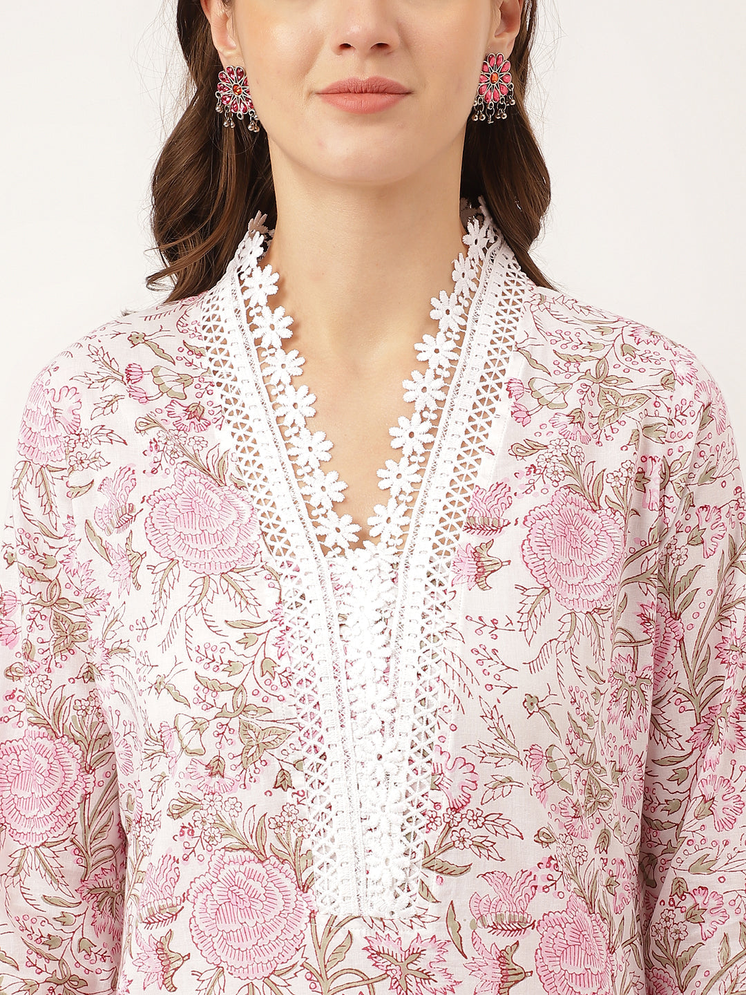 White Hand Block Floral Print Cotton Kurta, Trouser With Dupatta | LASVINI - Redefining Indian Fashion with Elegance