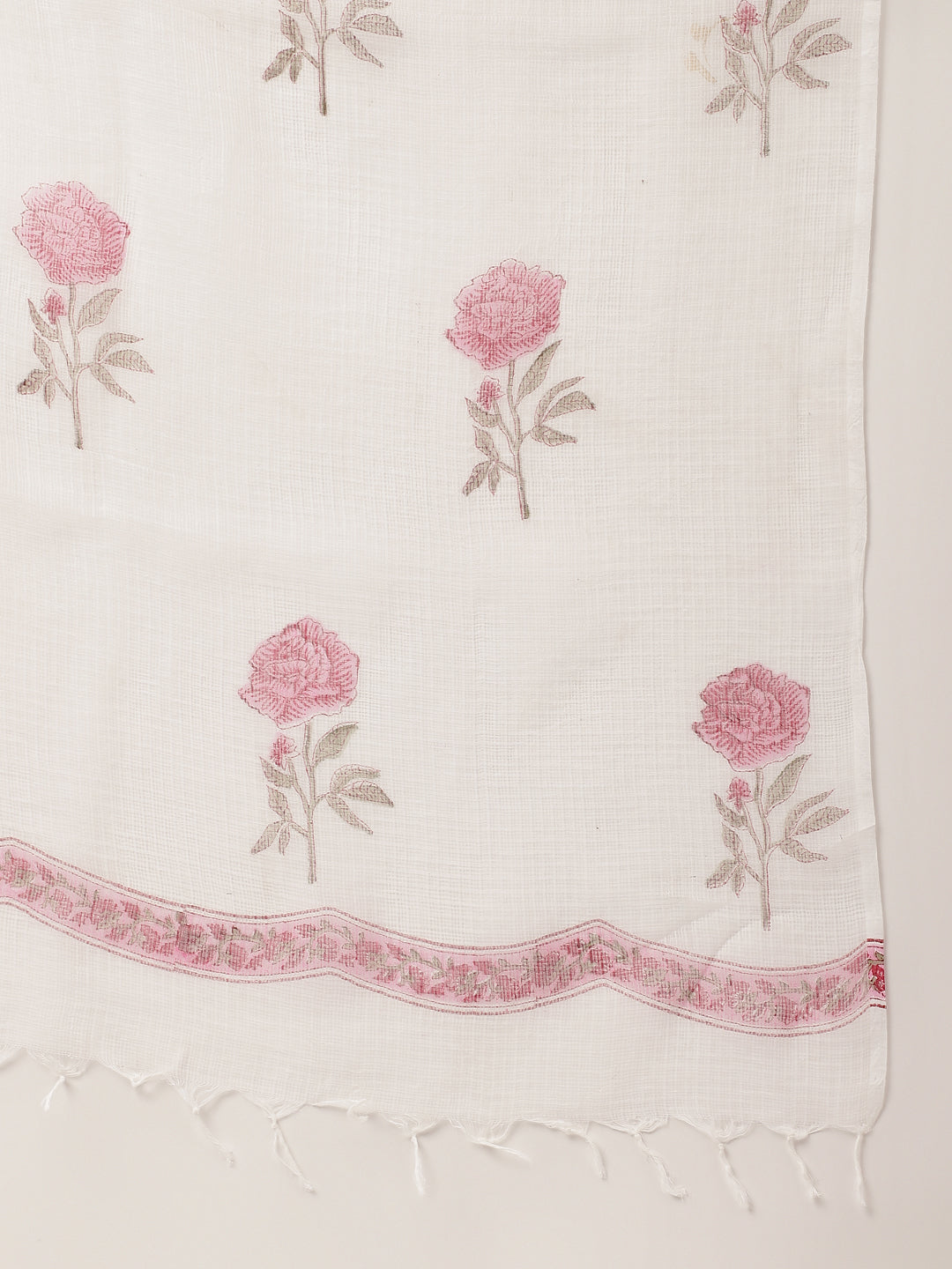 White Hand Block Floral Print Cotton Kurta, Trouser With Dupatta | LASVINI - Redefining Indian Fashion with Elegance