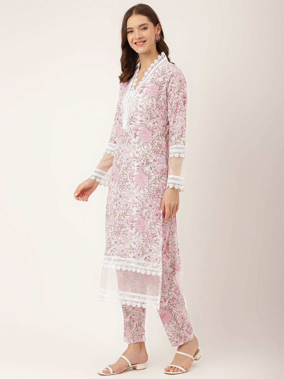 White Hand Block Floral Print Cotton Kurta, Trouser With Dupatta | LASVINI - Redefining Indian Fashion with Elegance