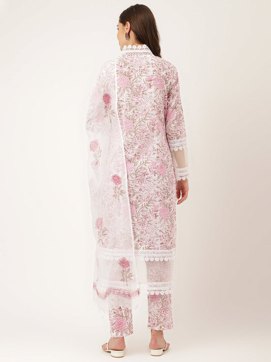 White Hand Block Floral Print Cotton Kurta, Trouser With Dupatta | LASVINI - Redefining Indian Fashion with Elegance