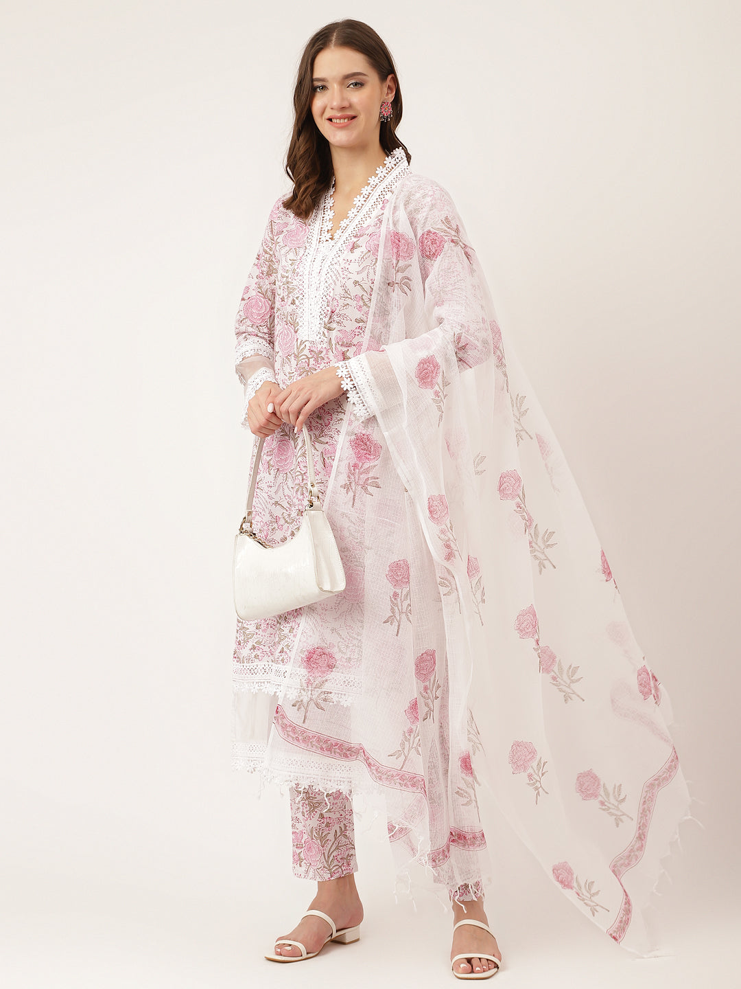 White Hand Block Floral Print Cotton Kurta, Trouser With Dupatta | LASVINI - Redefining Indian Fashion with Elegance