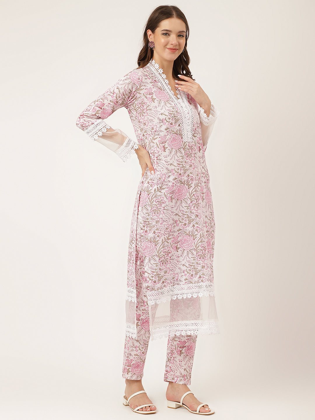 White Hand Block Floral Print Cotton Kurta, Trouser With Dupatta | LASVINI - Redefining Indian Fashion with Elegance