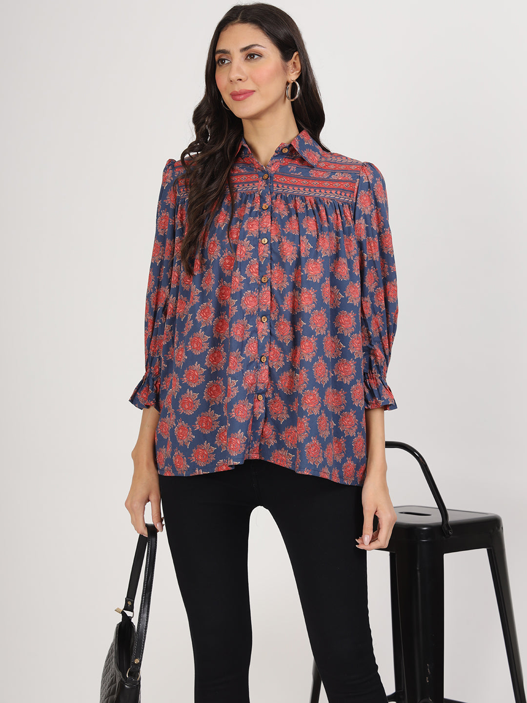 Navy Blue Cotton Peplum Fitcollar Neck Top For Women | LASVINI - Redefining Indian Fashion with Elegance