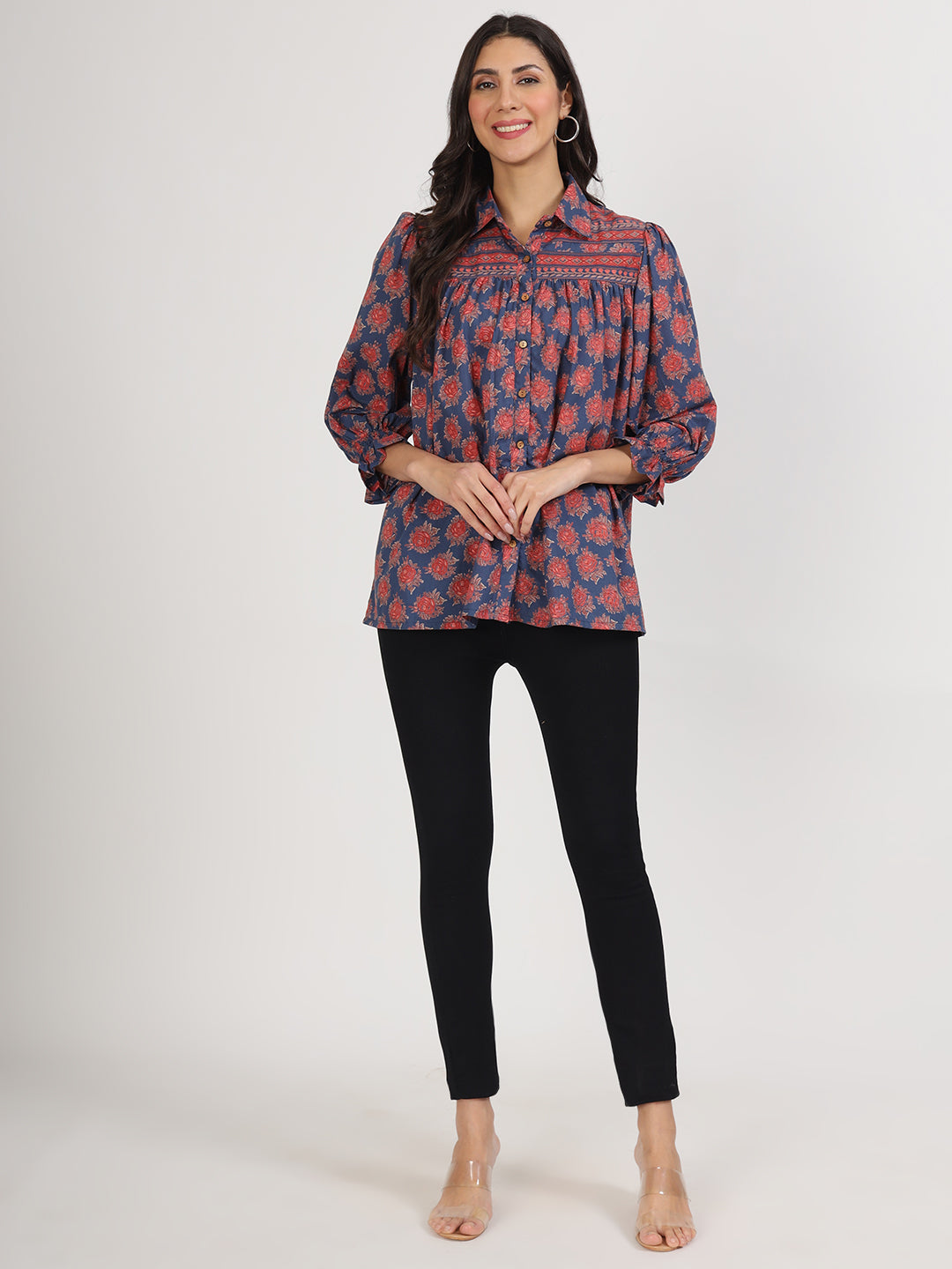 Navy Blue Cotton Peplum Fitcollar Neck Top For Women | LASVINI - Redefining Indian Fashion with Elegance