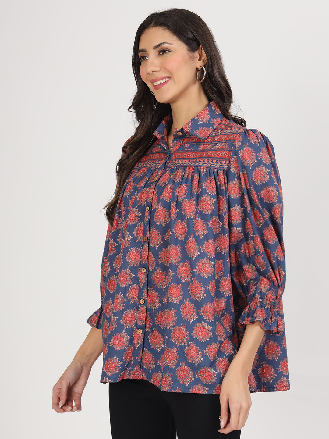 Navy Blue Cotton Peplum Fitcollar Neck Top For Women | LASVINI - Redefining Indian Fashion with Elegance