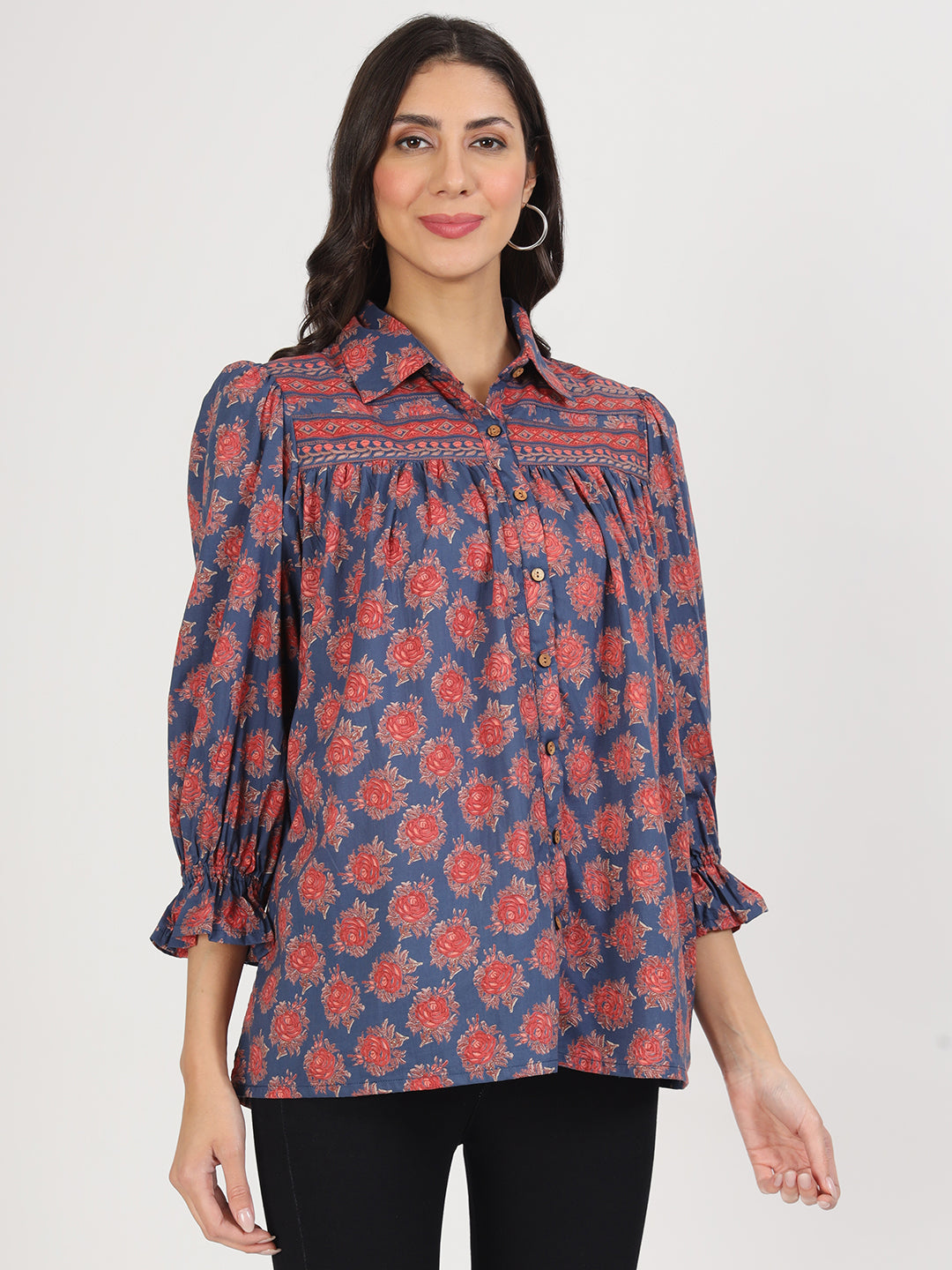 Navy Blue Cotton Peplum Fitcollar Neck Top For Women | LASVINI - Redefining Indian Fashion with Elegance