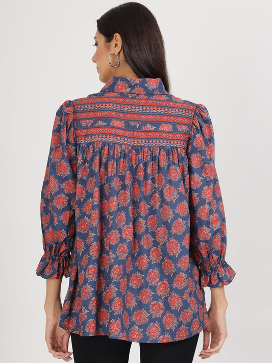 Navy Blue Cotton Peplum Fitcollar Neck Top For Women | LASVINI - Redefining Indian Fashion with Elegance