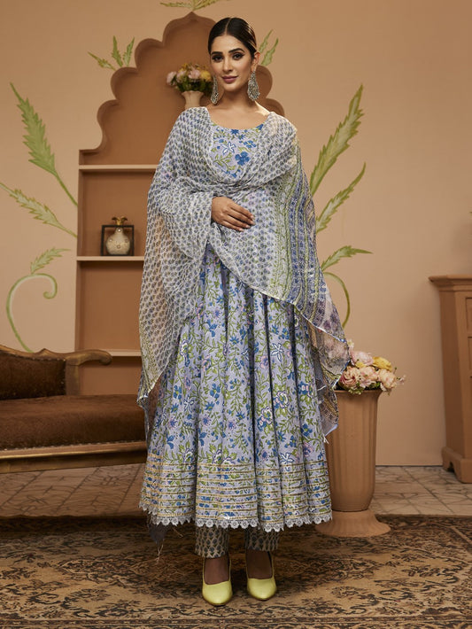 Hand Block Floral Printed Blue Anarkali Cotton Kurta With Trousers & Dupatta | LASVINI - Redefining Indian Fashion with Elegance