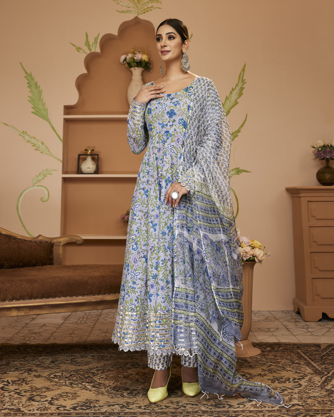 Hand Block Floral Printed Blue Anarkali Cotton Kurta With Trousers & Dupatta | LASVINI - Redefining Indian Fashion with Elegance