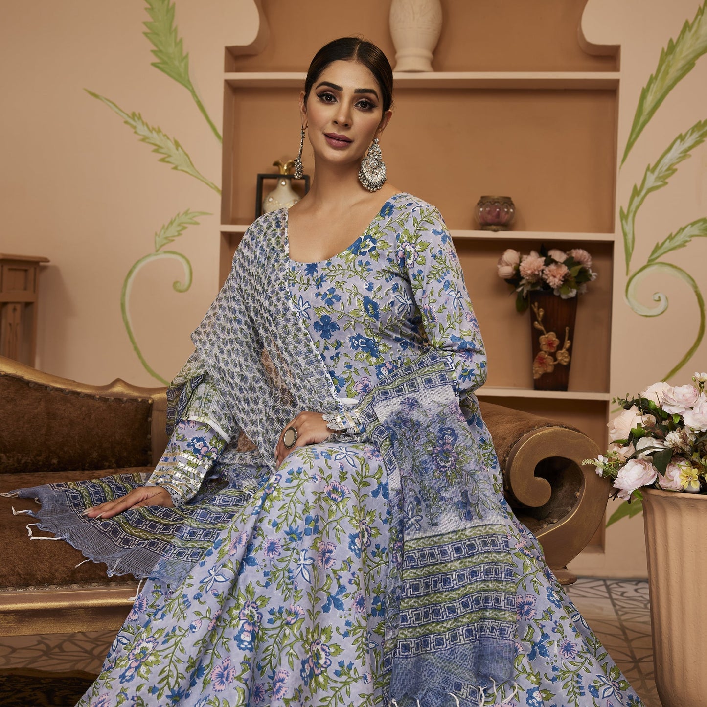 Hand Block Floral Printed Blue Anarkali Cotton Kurta With Trousers & Dupatta | LASVINI - Redefining Indian Fashion with Elegance