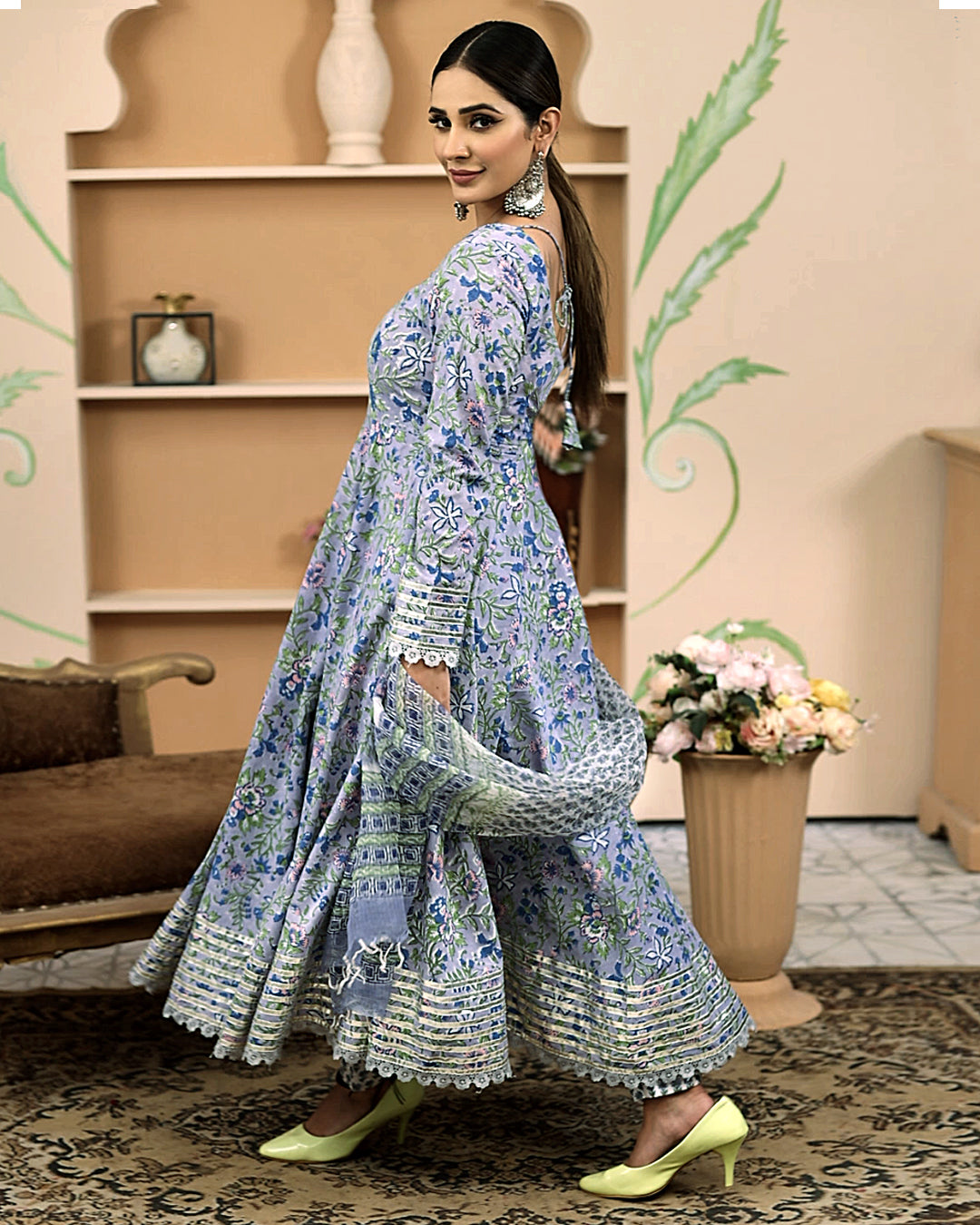 Hand Block Floral Printed Blue Anarkali Cotton Kurta With Trousers & Dupatta | LASVINI - Redefining Indian Fashion with Elegance