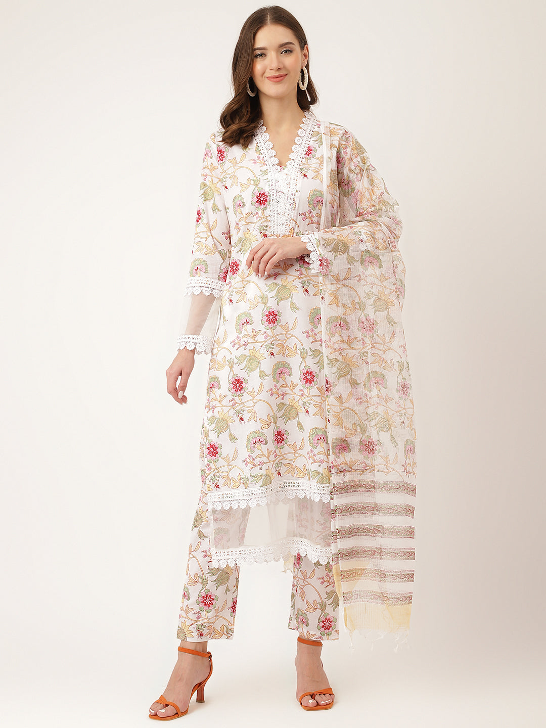 White Hand Block Floral Print Cotton Kurta, Trouser With Dupatta | LASVINI - Redefining Indian Fashion with Elegance