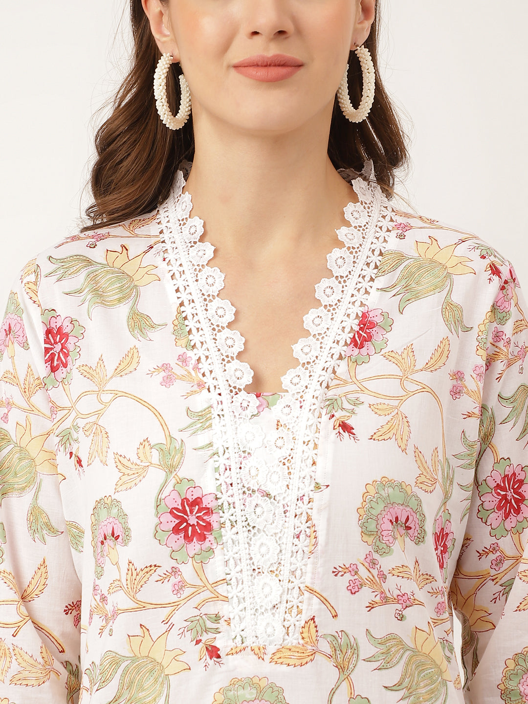 White Hand Block Floral Print Cotton Kurta, Trouser With Dupatta | LASVINI - Redefining Indian Fashion with Elegance