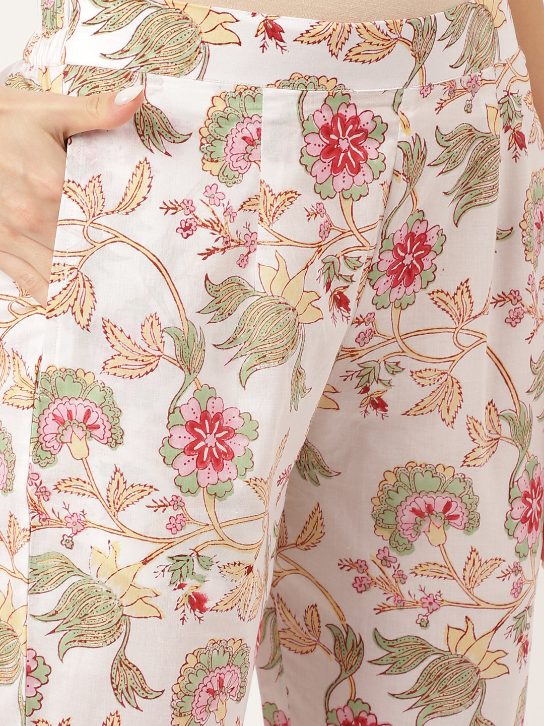 White Hand Block Floral Print Cotton Kurta, Trouser With Dupatta | LASVINI - Redefining Indian Fashion with Elegance