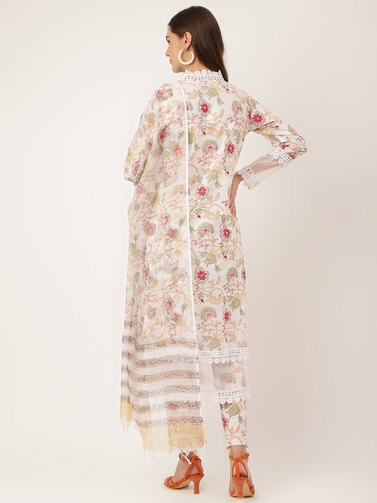 White Hand Block Floral Print Cotton Kurta, Trouser With Dupatta | LASVINI - Redefining Indian Fashion with Elegance