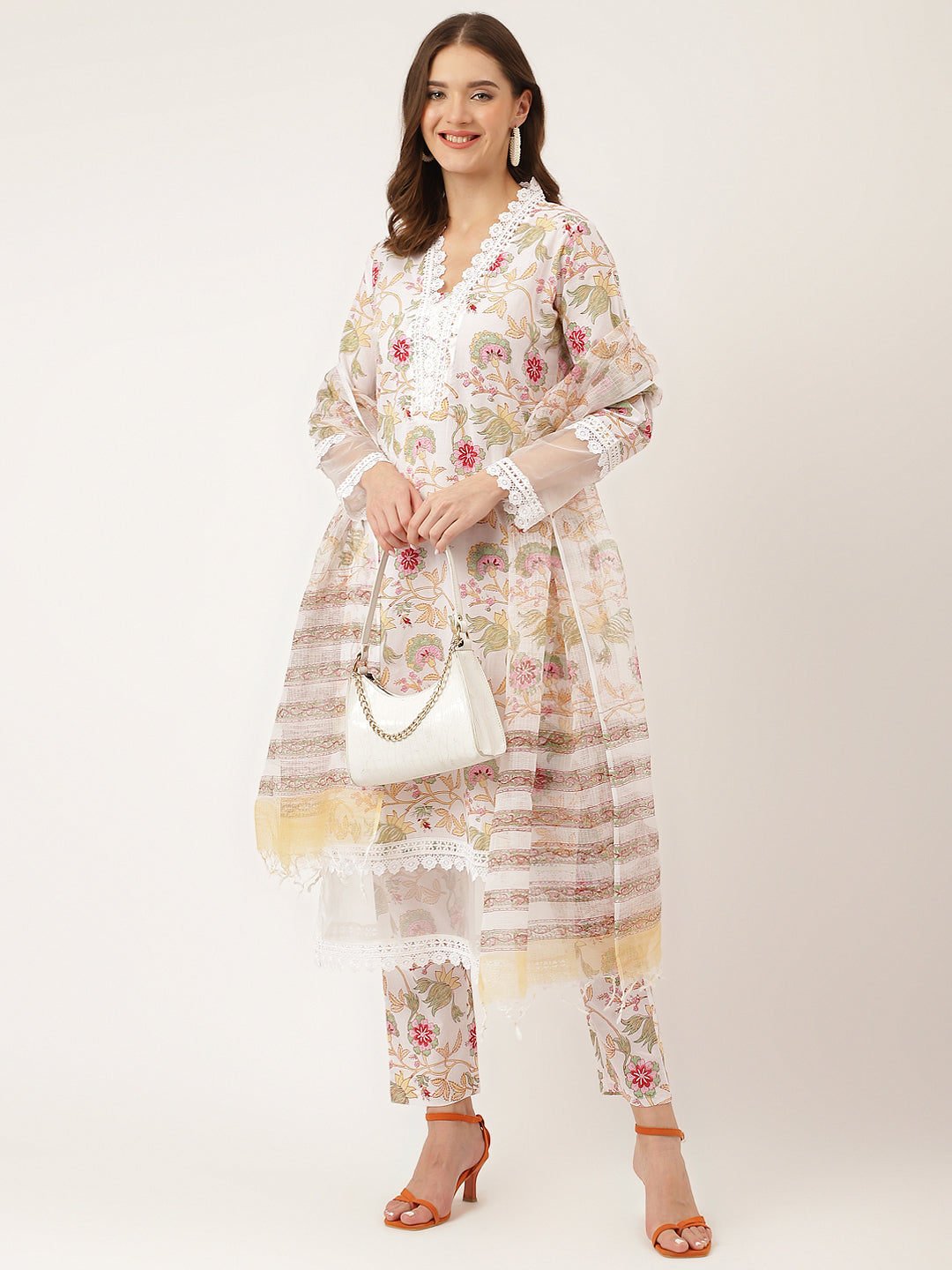 White Hand Block Floral Print Cotton Kurta, Trouser With Dupatta | LASVINI - Redefining Indian Fashion with Elegance