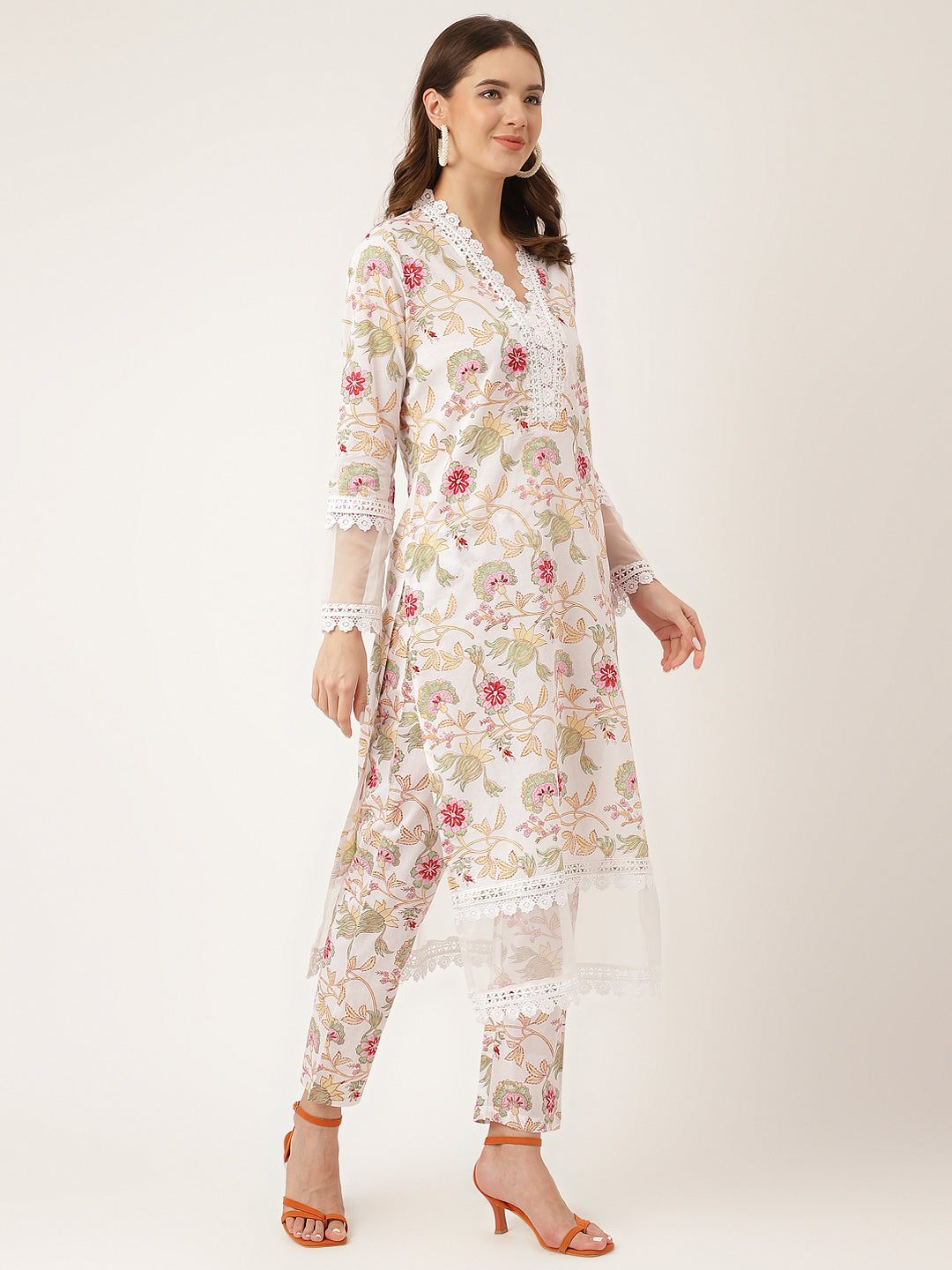 White Hand Block Floral Print Cotton Kurta, Trouser With Dupatta | LASVINI - Redefining Indian Fashion with Elegance
