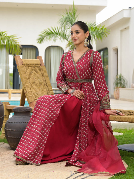 Maroon Printed & Zari Embroidered Rayon Layered Kurta With Dupatta Set For Women | LASVINI - Redefining Indian Fashion with Elegance