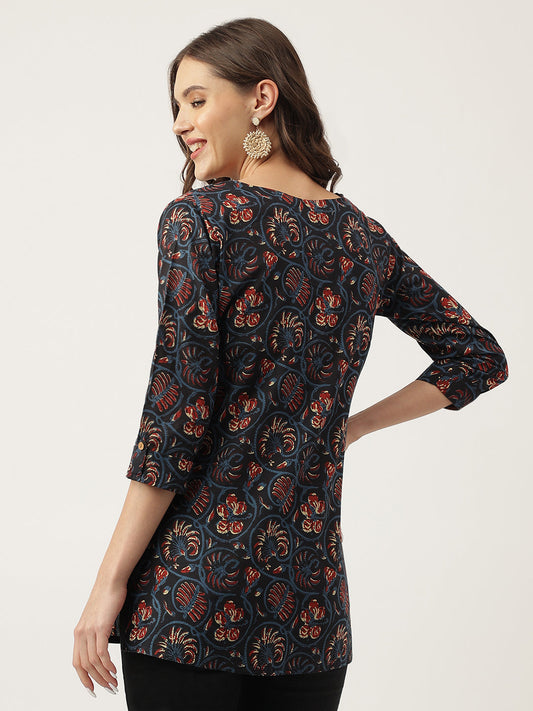 Navy Blue Floral Printed Cotton Peplum Fit V-Neck Top | LASVINI - Redefining Indian Fashion with Elegance