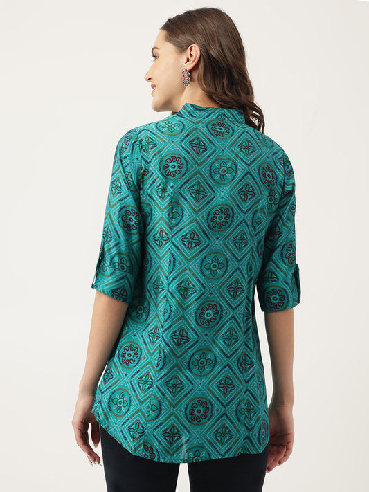 Turquoise Blue Printed Muslin Fold Sleeve Top | LASVINI - Redefining Indian Fashion with Elegance