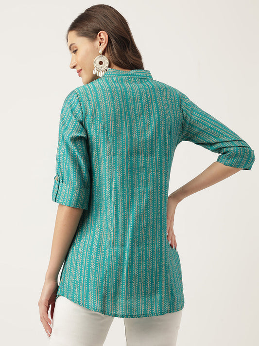 Teal Blue Printed Muslin Fold Sleeve Top | LASVINI - Redefining Indian Fashion with Elegance