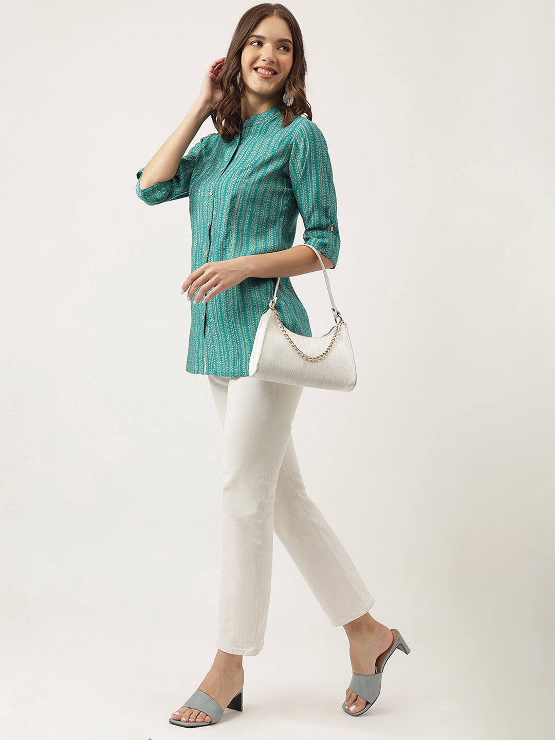 Teal Blue Printed Muslin Fold Sleeve Top | LASVINI - Redefining Indian Fashion with Elegance