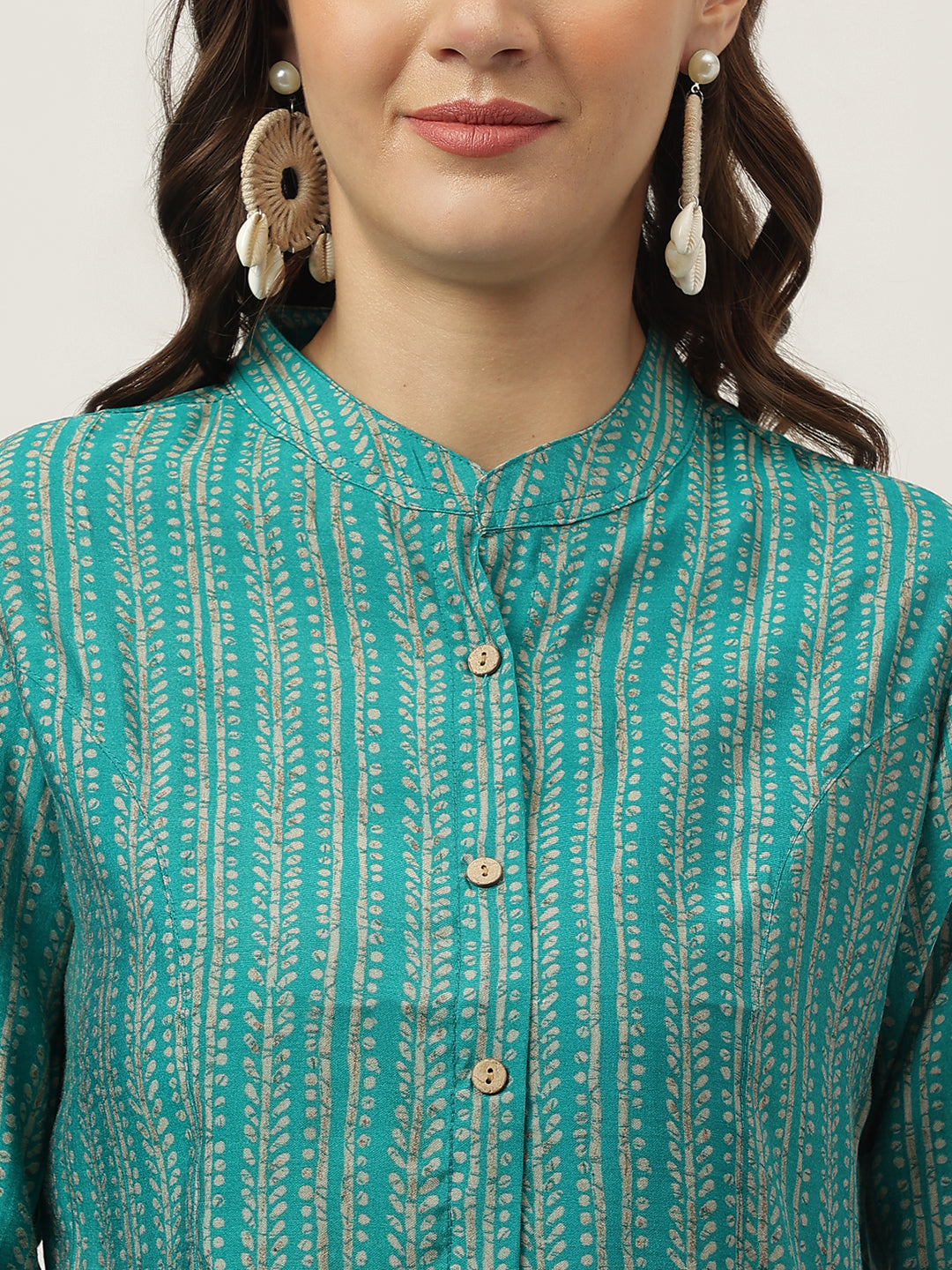Teal Blue Printed Muslin Fold Sleeve Top | LASVINI - Redefining Indian Fashion with Elegance