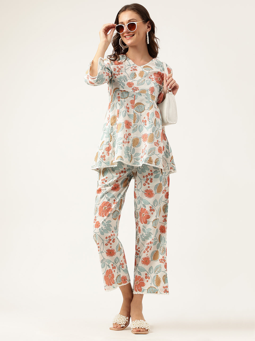 Women Floral Printed Pure Cotton Tunic With Trousers | LASVINI - Redefining Indian Fashion with Elegance
