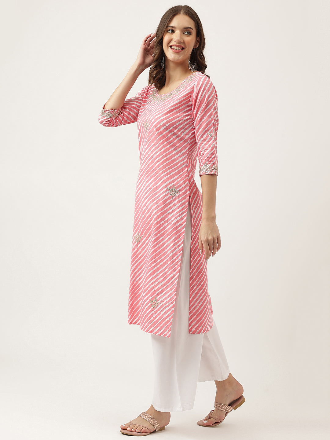 Stripe Print With Gota Work Cotton Straight Kurta | LASVINI - Redefining Indian Fashion with Elegance