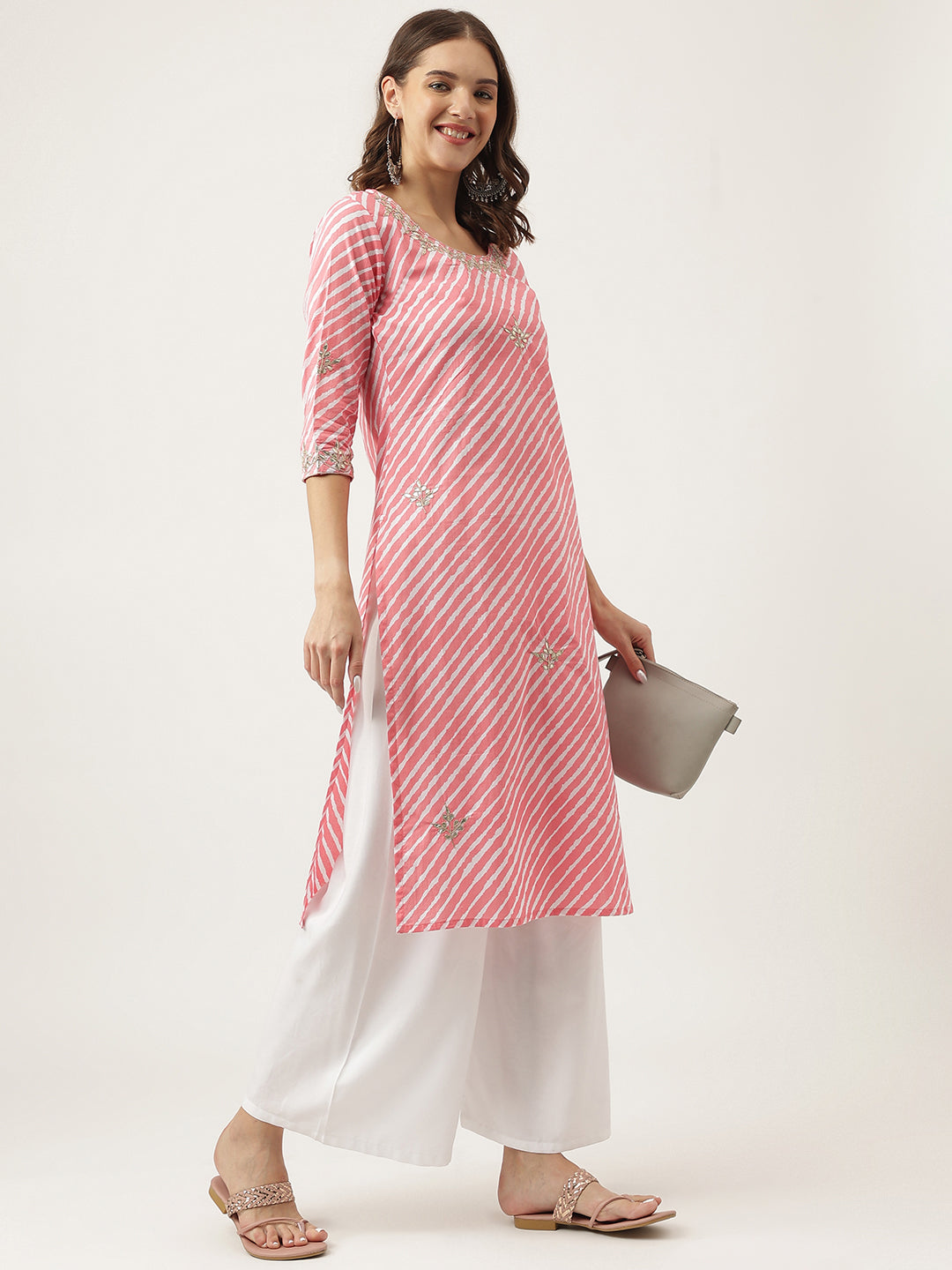 Stripe Print With Gota Work Cotton Straight Kurta | LASVINI - Redefining Indian Fashion with Elegance