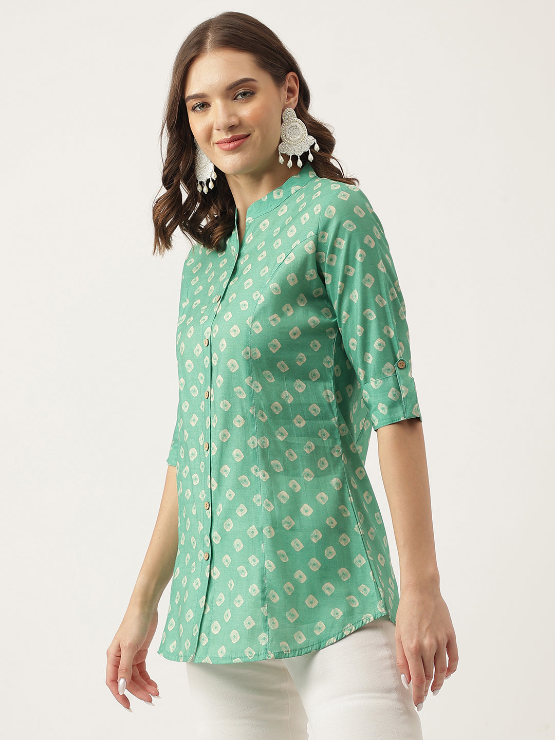 See Green Bandhani Printed Muslin Fold Sleeve Top | LASVINI - Redefining Indian Fashion with Elegance
