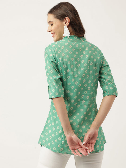 See Green Bandhani Printed Muslin Fold Sleeve Top | LASVINI - Redefining Indian Fashion with Elegance