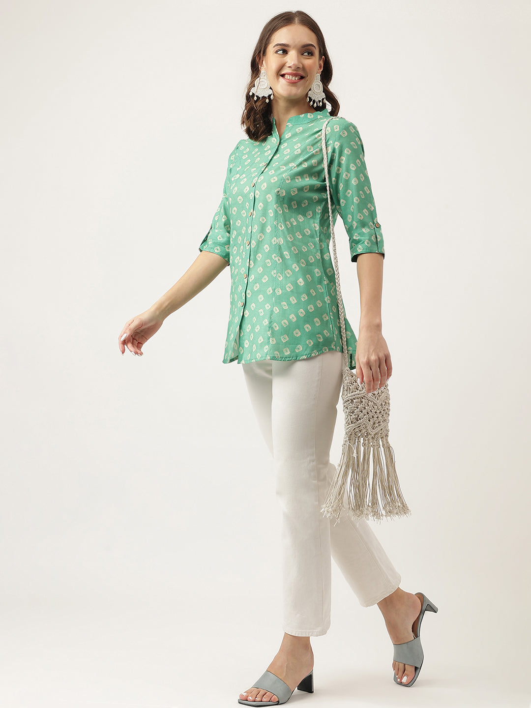 See Green Bandhani Printed Muslin Fold Sleeve Top | LASVINI - Redefining Indian Fashion with Elegance