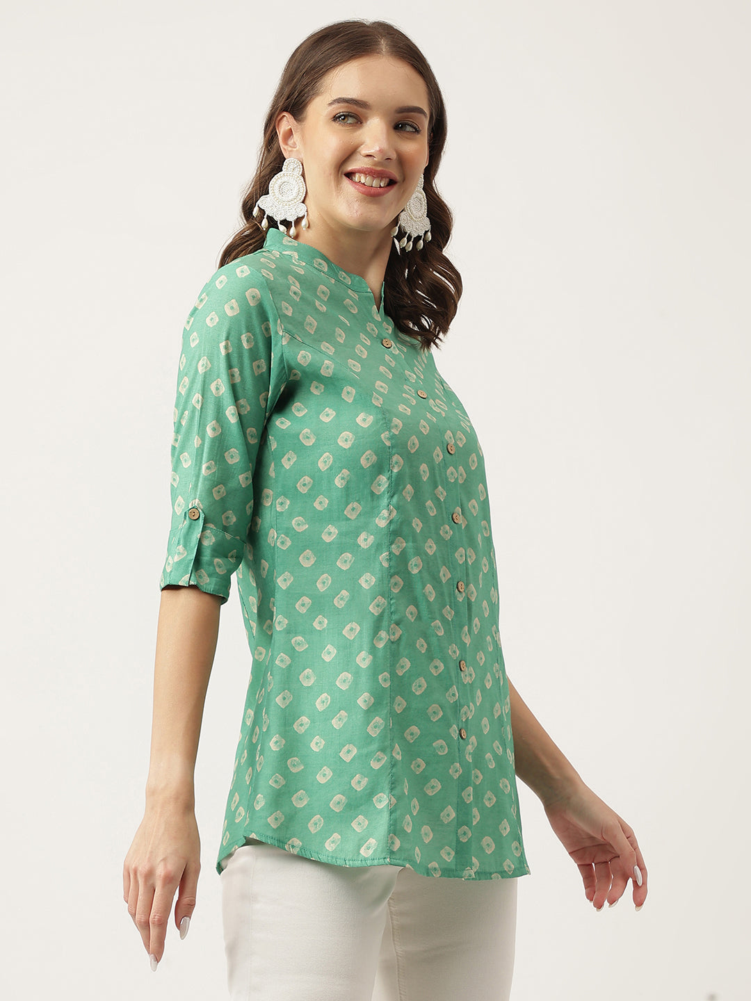 See Green Bandhani Printed Muslin Fold Sleeve Top | LASVINI - Redefining Indian Fashion with Elegance
