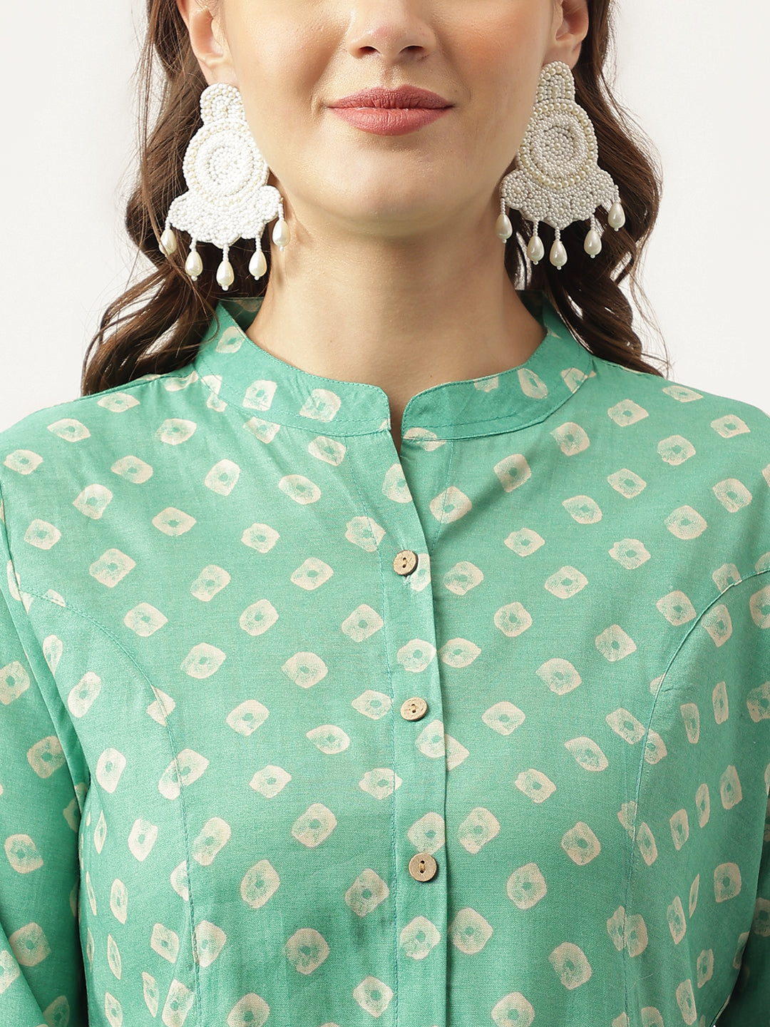 See Green Bandhani Printed Muslin Fold Sleeve Top | LASVINI - Redefining Indian Fashion with Elegance