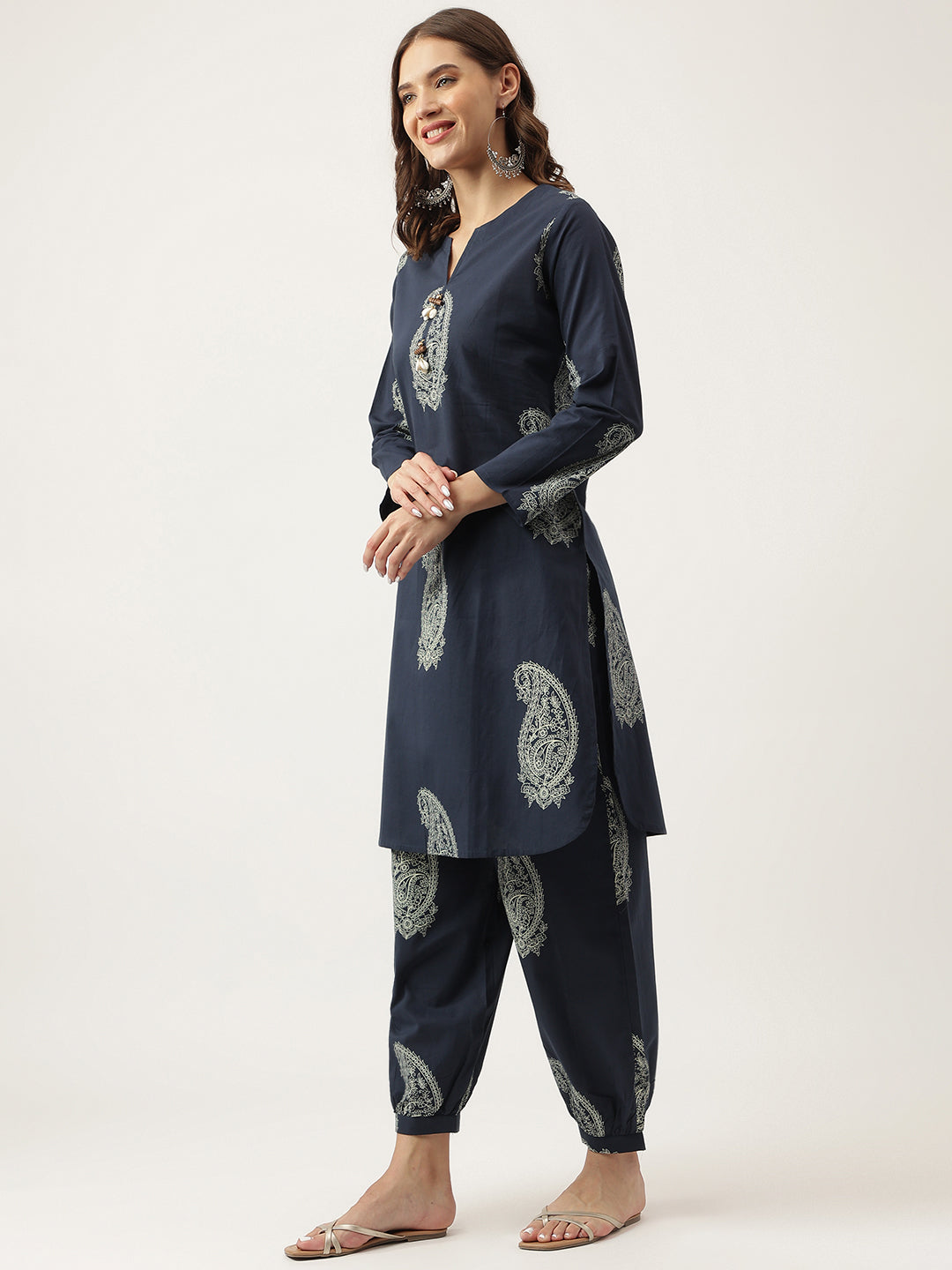 Black Cotton Paisley Print Kurta Hem Cuffed Pant Set | LASVINI - Redefining Indian Fashion with Elegance