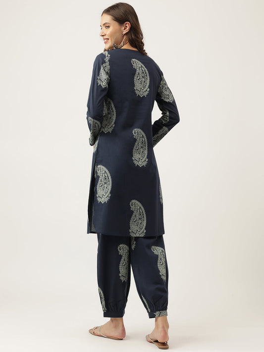 Black Cotton Paisley Print Kurta Hem Cuffed Pant Set | LASVINI - Redefining Indian Fashion with Elegance