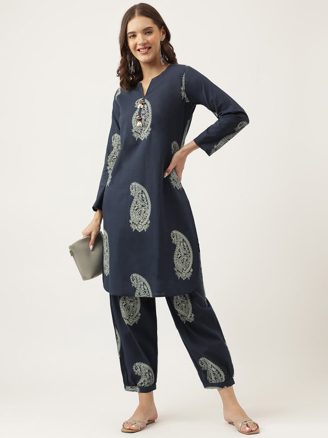Black Cotton Paisley Print Kurta Hem Cuffed Pant Set | LASVINI - Redefining Indian Fashion with Elegance