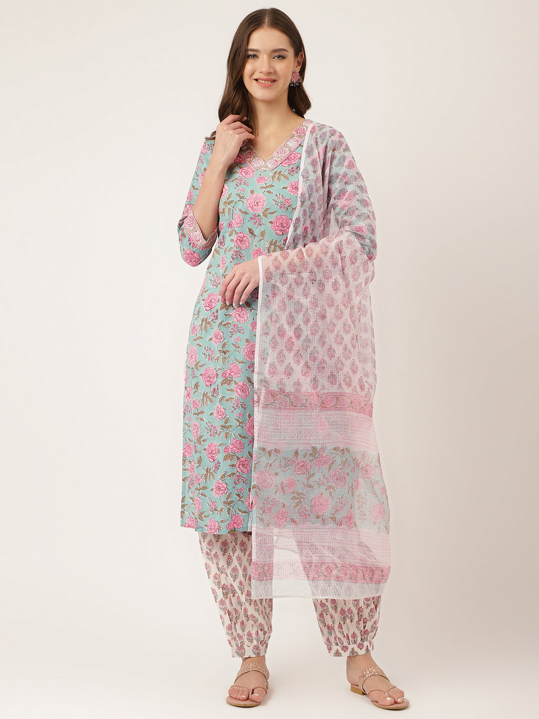 Sea Green Hand Block Floral Print Cotton Kurta, Salwar With Dupatta | LASVINI - Redefining Indian Fashion with Elegance