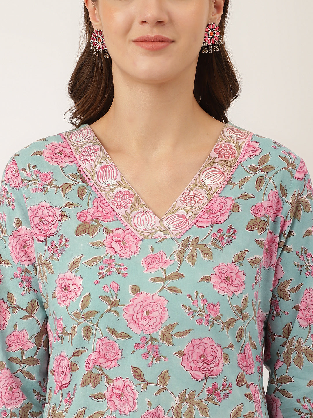 Sea Green Hand Block Floral Print Cotton Kurta, Salwar With Dupatta | LASVINI - Redefining Indian Fashion with Elegance