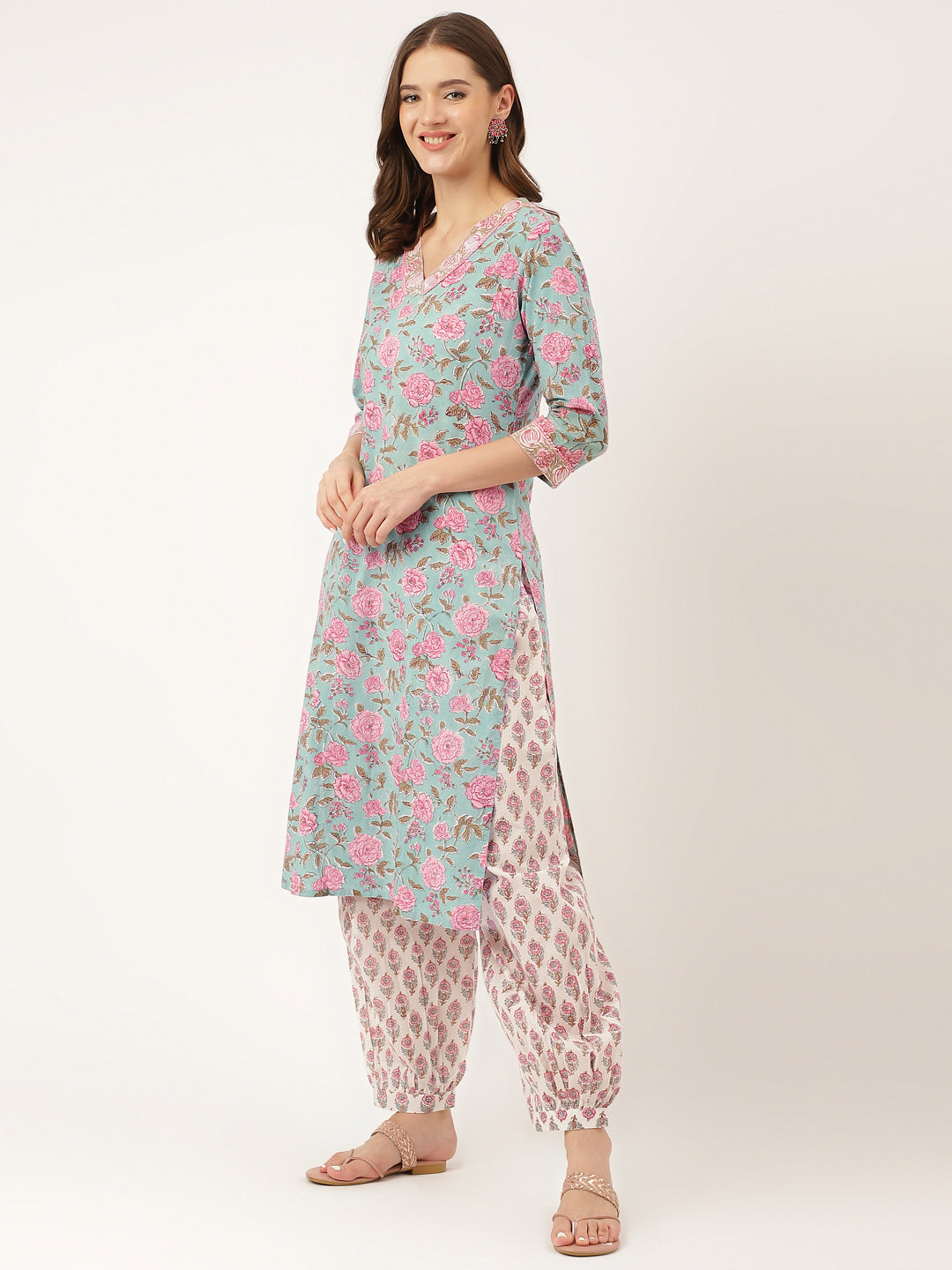 Sea Green Hand Block Floral Print Cotton Kurta, Salwar With Dupatta | LASVINI - Redefining Indian Fashion with Elegance