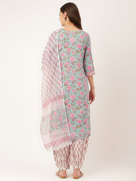 Sea Green Hand Block Floral Print Cotton Kurta, Salwar With Dupatta | LASVINI - Redefining Indian Fashion with Elegance