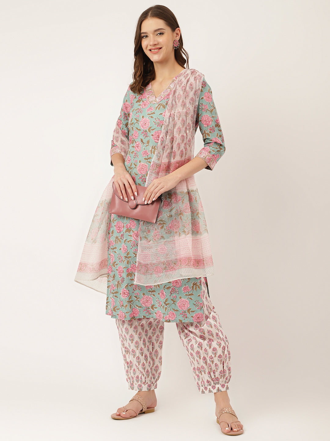 Sea Green Hand Block Floral Print Cotton Kurta, Salwar With Dupatta | LASVINI - Redefining Indian Fashion with Elegance