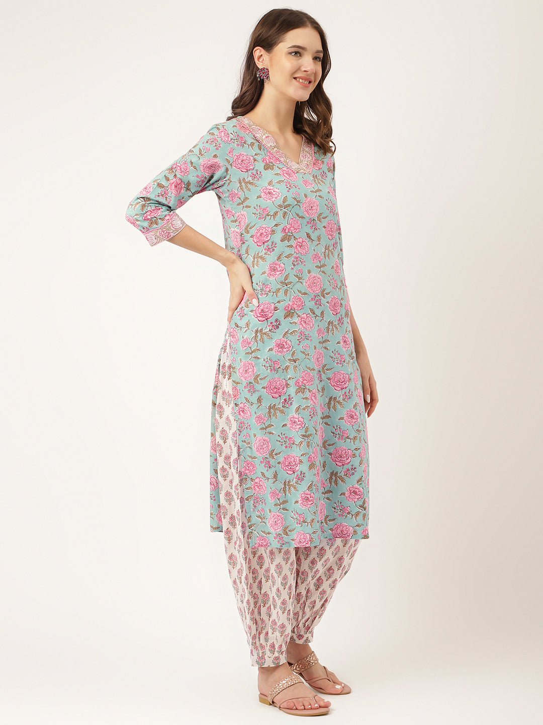 Sea Green Hand Block Floral Print Cotton Kurta, Salwar With Dupatta | LASVINI - Redefining Indian Fashion with Elegance