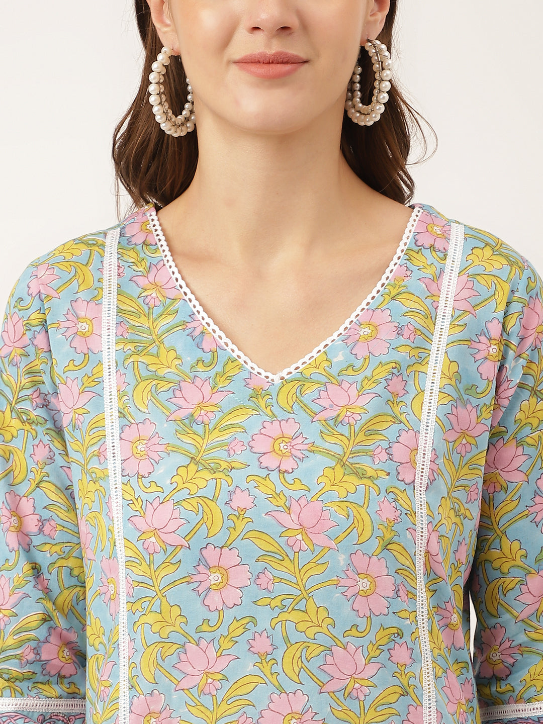 Blue Floral Print Cotton Kurta, Trouser With Dupatta | LASVINI - Redefining Indian Fashion with Elegance