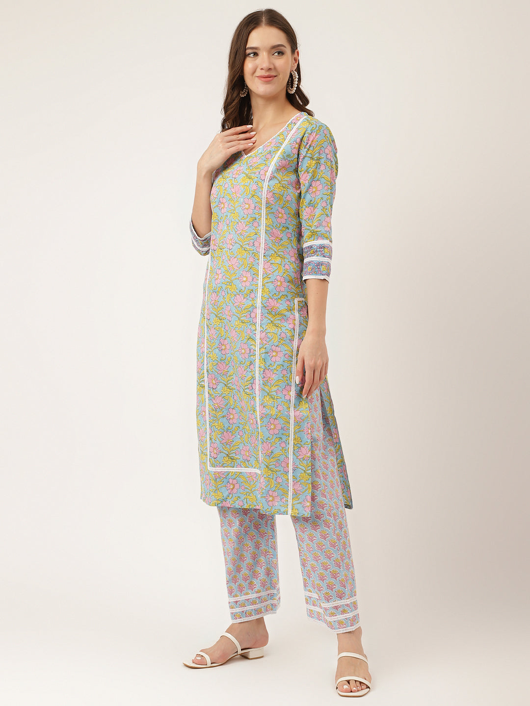 Blue Floral Print Cotton Kurta, Trouser With Dupatta | LASVINI - Redefining Indian Fashion with Elegance