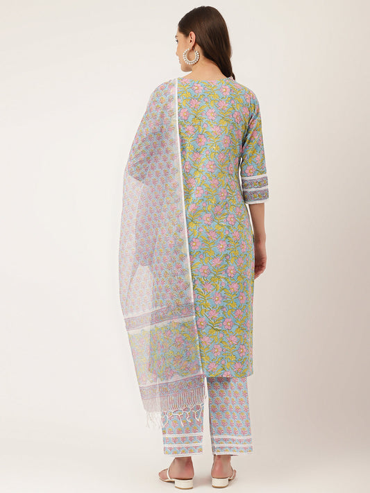 Blue Floral Print Cotton Kurta, Trouser With Dupatta | LASVINI - Redefining Indian Fashion with Elegance