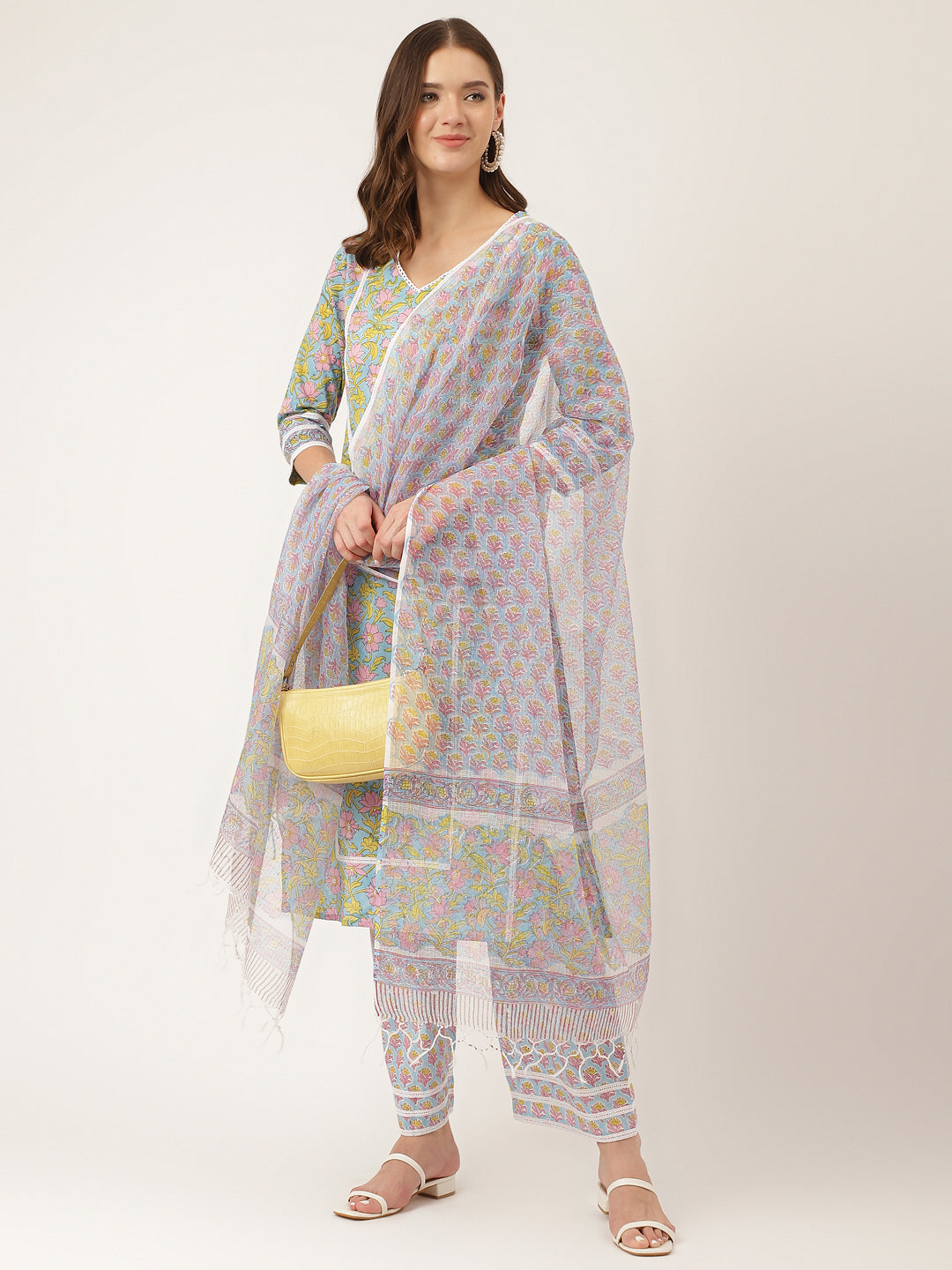 Blue Floral Print Cotton Kurta, Trouser With Dupatta | LASVINI - Redefining Indian Fashion with Elegance