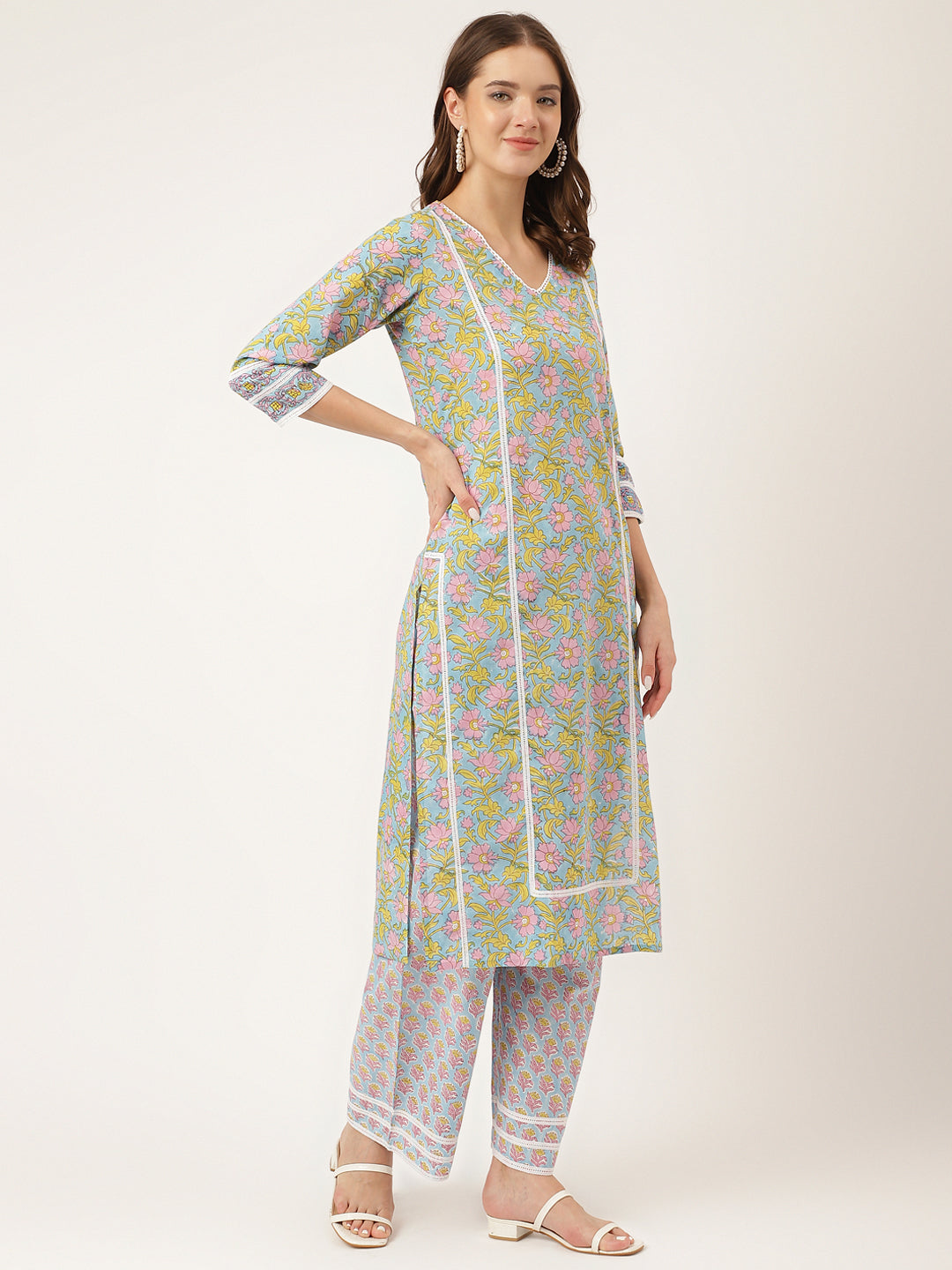 Blue Floral Print Cotton Kurta, Trouser With Dupatta | LASVINI - Redefining Indian Fashion with Elegance
